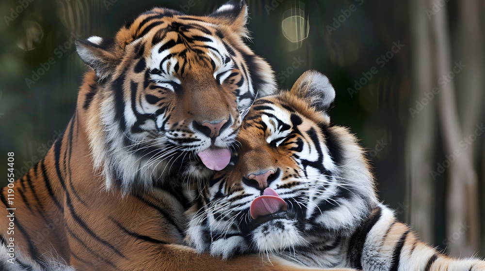Naklejka premium A beautiful photo of two tigers, one adult and one cub, showcasing their majestic and striking appearance in the wild