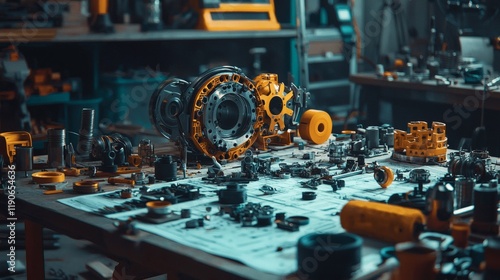 Automotive components placed on a rustic workbench surrounded by blueprints and technical drawings Stock Photo with side copy space photo