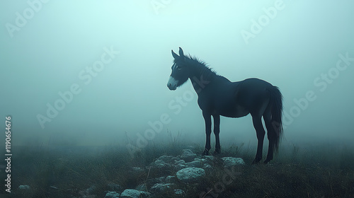 A striking photography of a donkey standing on a rocky hillside, with dramatic lighting accentuating the rugged landscape and the animal’s silhouette.