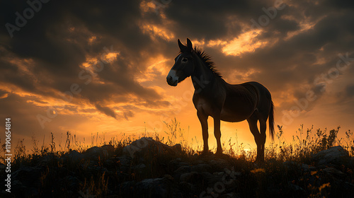 A striking photography of a donkey standing on a rocky hillside, with dramatic lighting accentuating the rugged landscape and the animal’s silhouette.
