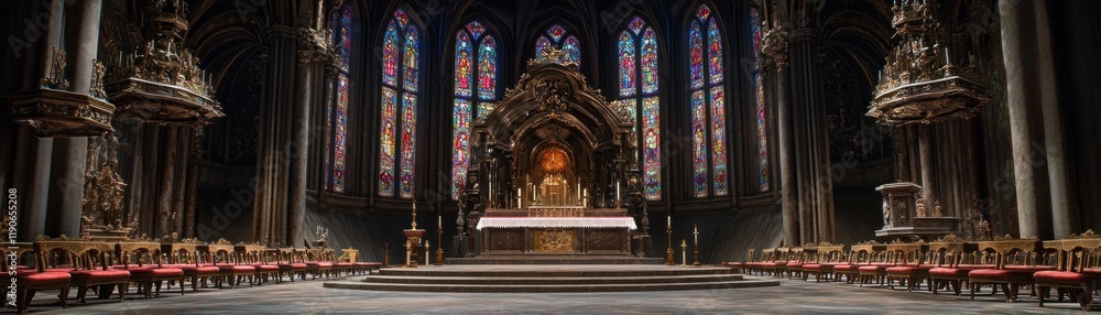 Fototapeta premium Stunning Interior of a Cathedral Featuring Colorful Stained Glass and Majestic Altar
