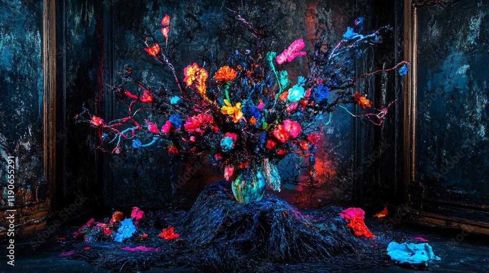 Fototapeta premium Vibrant Neon Flower Arrangement Dark Abstract Background