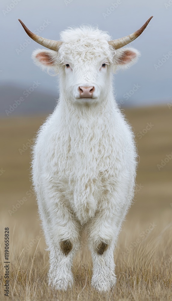Fototapeta premium Majestic White Highland Cow Standing in a Grassy Field, Wildlife Portrait, Nature Photography