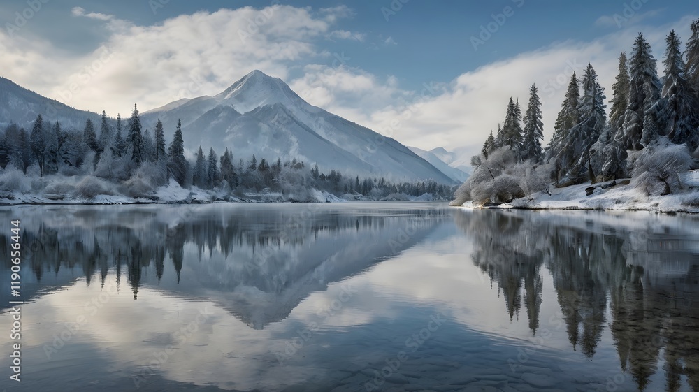 A serene winter landscape. A calm river, reflecting the snowy forest and mountains in its still, icy surface. Dense, snow-covered evergreen trees line the riverbank A serene winter landscape. A calm river, reflecting the snowy forest and mountains in its still, icy surface. Dense, snow-covered evergreen trees line the riverbank