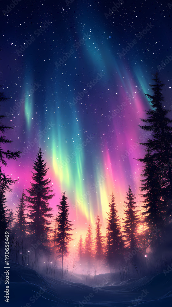 Naklejka premium Enchanted Forest: Aurora Borealis Phone Wallpaper
