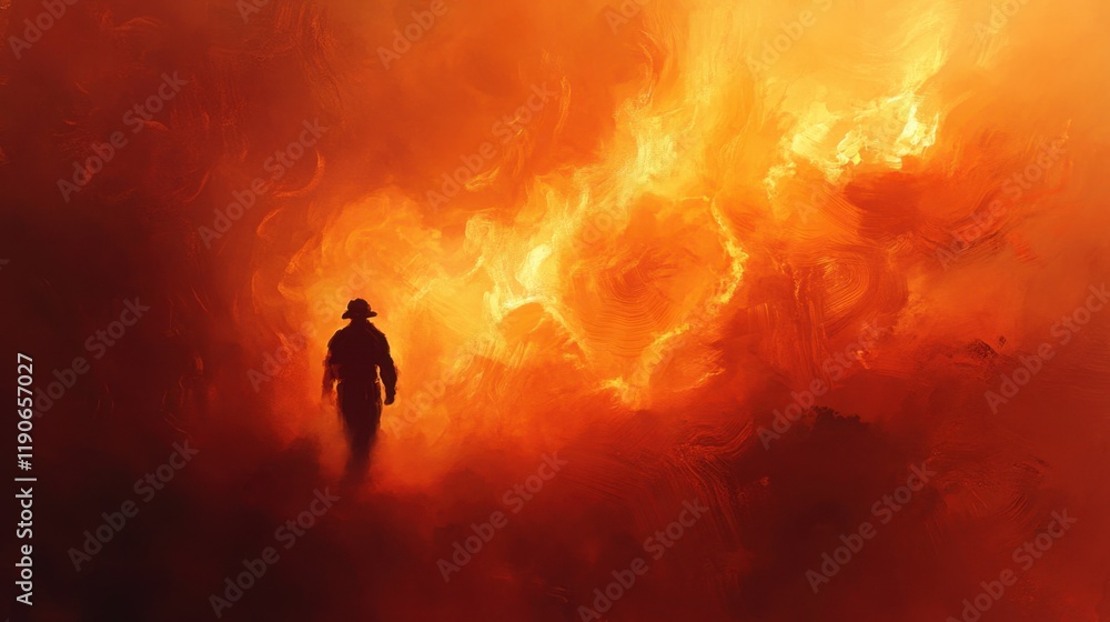 Courageous Firefighter Facing Blazing Wildfire in Dramatic Scene Courageous Firefighter Facing Blazing Wildfire in Dramatic Scene