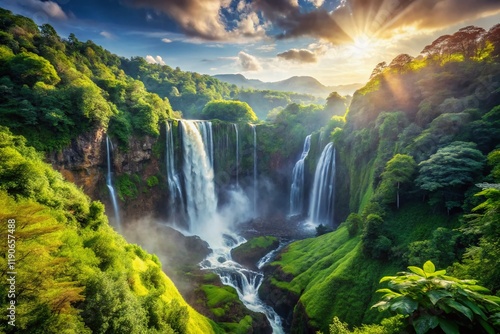 Majestic Waterfall in Lush Mountain Valley Paradise: Stunning Nature Stock Photo