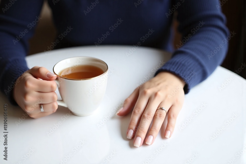 Woman in blue top holds cup sits at white round table doing work Woman in blue top holds cup sits at white round table doing work
