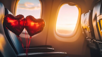 Valentine's Day trip for couples in love with a travel agency, red heart-shaped balloons on seats inside a passenger plane