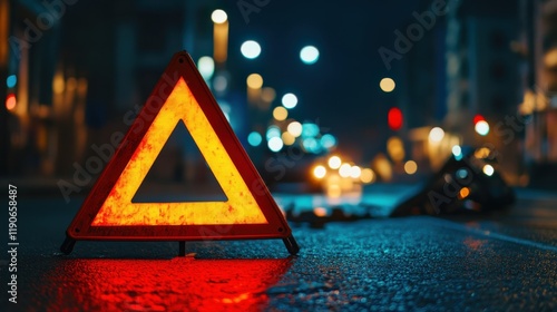 Warning triangle placed on a wet road at night following an accident in an urban area