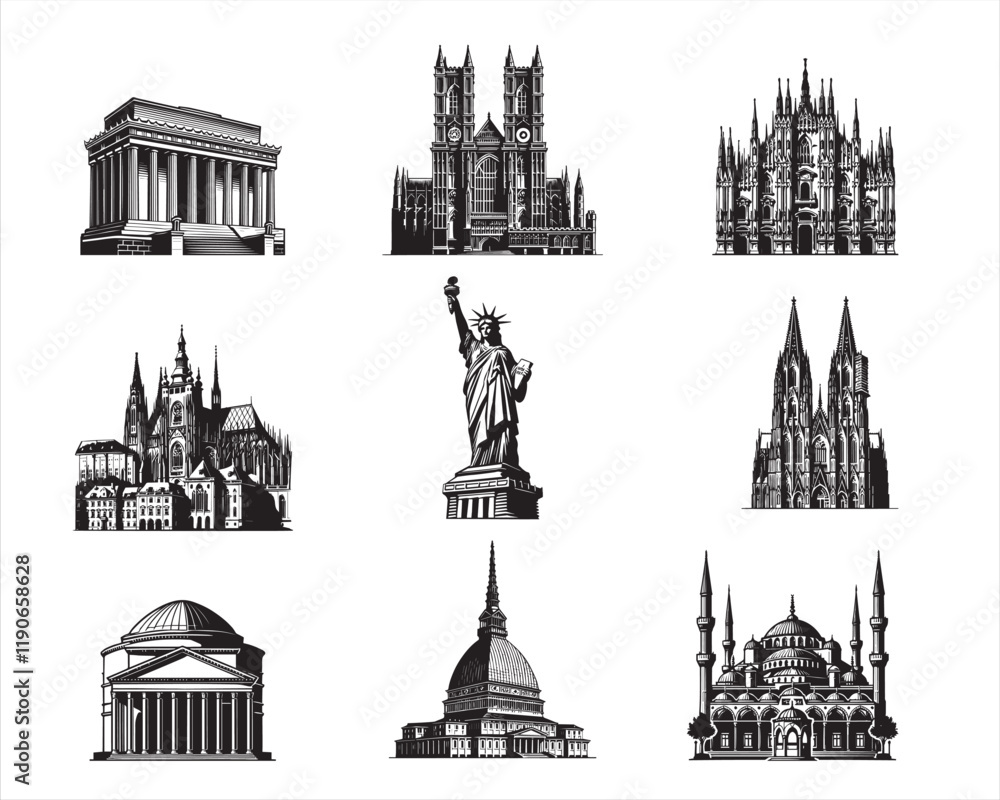 Fototapeta premium Set of World Famous Monument illustration Design, World Landmark Vector ClipArt