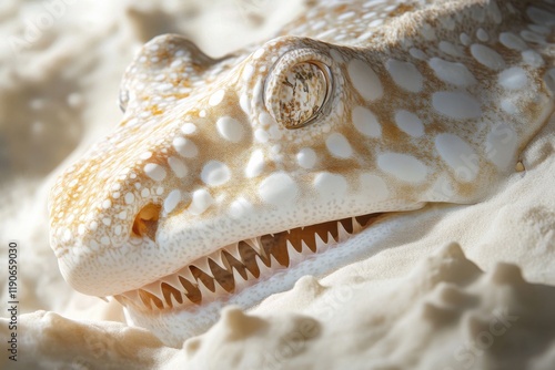 Closeup of spotted wobbegong sharks mouth blending with sand photo