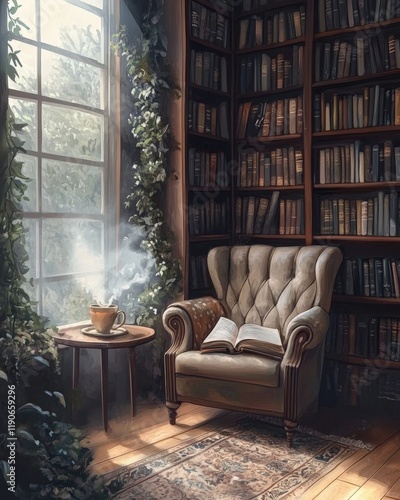 A serene image of a library corner with a large chair, a tall bookshelf, and a cup of steaming tea