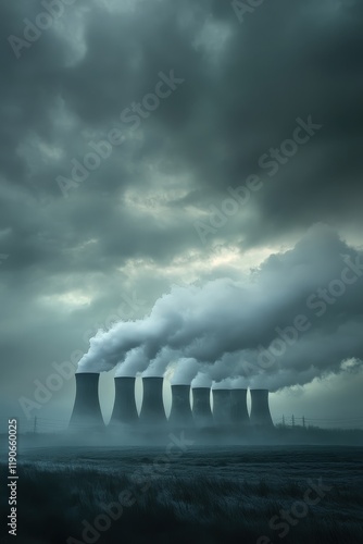 A serene image of a nuclear power plant cooling towers releasing steam into a cloudy sky photo