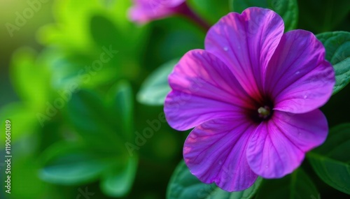 Close-up vibrant purple petals, lush green leaves, closeup, leaf