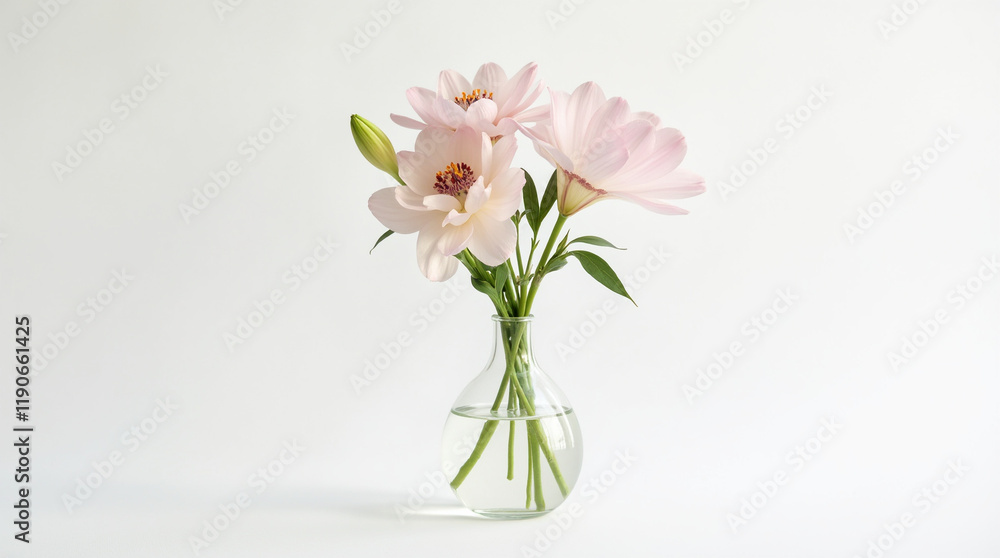 Hermosas y elegantes flores en un jarrón de vidrio con iluminación de estudio Hermosas y elegantes flores en un jarrón de vidrio con iluminación de estudio
