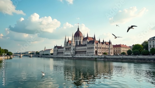 Hungarian Parliament, Danube River, birds in flight, Europe, travel photography, beautiful