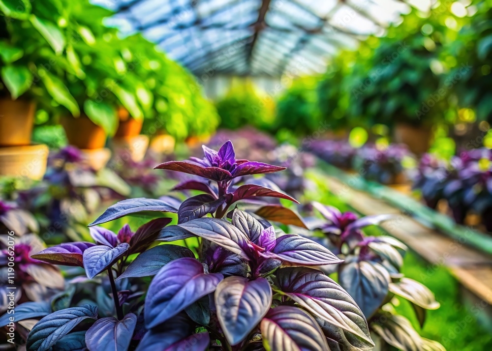 Fototapeta premium Miniature African Blue Basil Greenhouse Garden - Tilt-Shift Photography