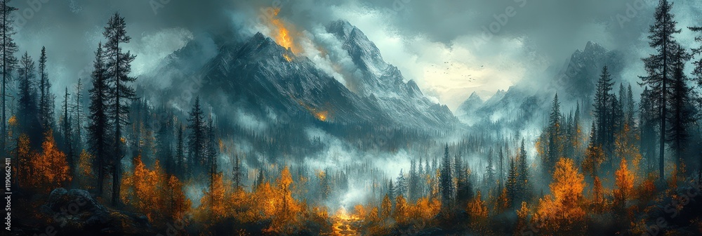 Naklejka premium Majestic Mountain Landscape with Autumnal Forest