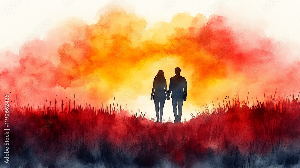 Fototapeta premium Romantic Stroll During a Vibrant Sunset on Valentine's Day Filled With Warmth and Love