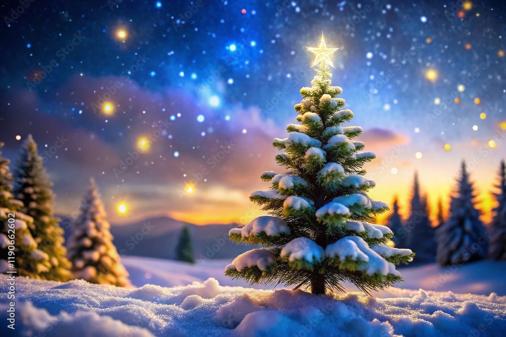 Miniature Christmas Scene: Sparkling Stars Above a Snowy Pine Tree Miniature Christmas Scene: Sparkling Stars Above a Snowy Pine Tree