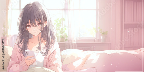 思いを寄せている人からの返信を待ってスマホが手放せない女性。少女。イラスト。水彩画。バナー背景。挿絵。