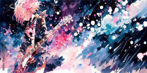 思いの丈を歌に乗せて歌い叫ぶロックバンドの女性。少女。イラスト。水彩画。バナー背景。挿絵。