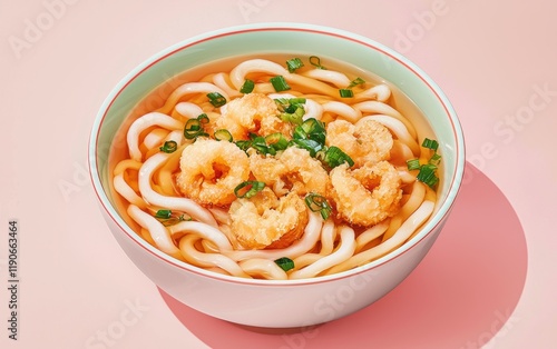 Wallpaper Mural A bowl of udon noodles with flying tempura and green onions on a pastel pink background Torontodigital.ca