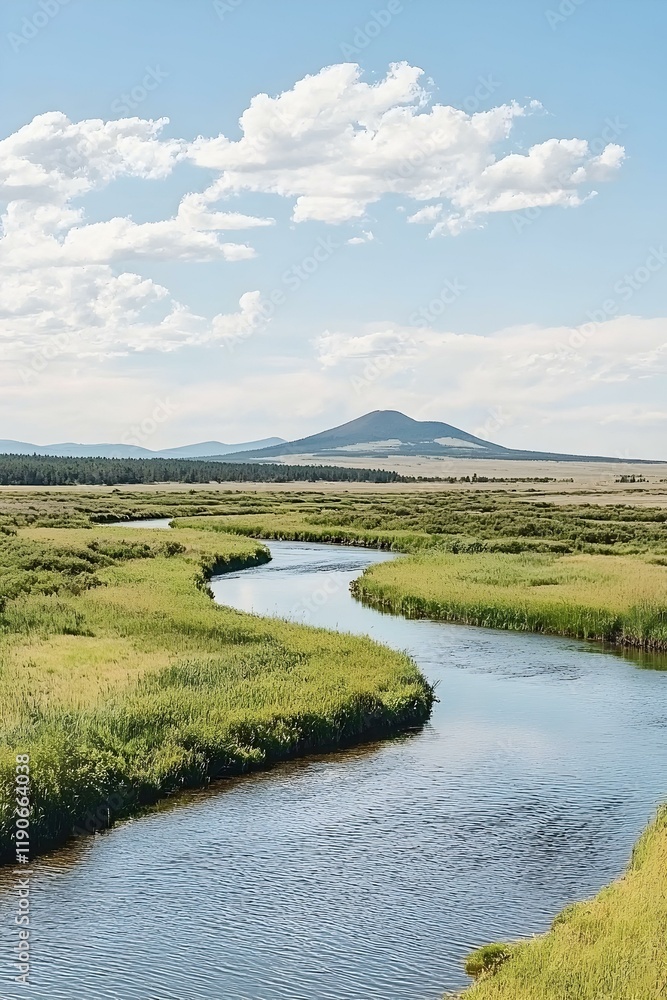 Obraz premium Serene river meanders through lush green meadows under a bright, blue sky. Distant mountains add depth to this picturesque landscape.