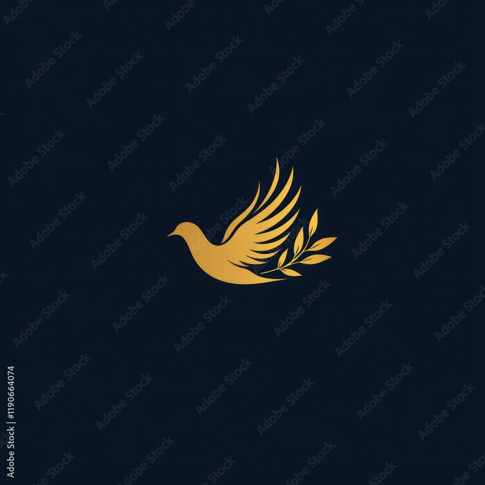 Obraz premium Golden dove flying, olive branch, dark background, logo design