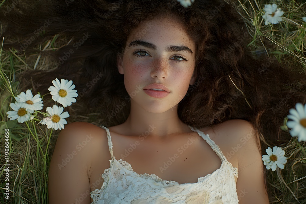 Woman Lying in Field of Daisies Summer Beauty Freckles Long Hair Woman Lying in Field of Daisies Summer Beauty Freckles Long Hair