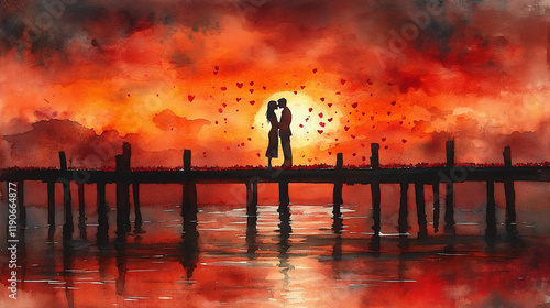 Wallpaper Mural Romantic Watercolor Illustration of a Couple Sharing a Kiss on a Serene Pier at Sunset Surrounded by Floating Hearts Torontodigital.ca