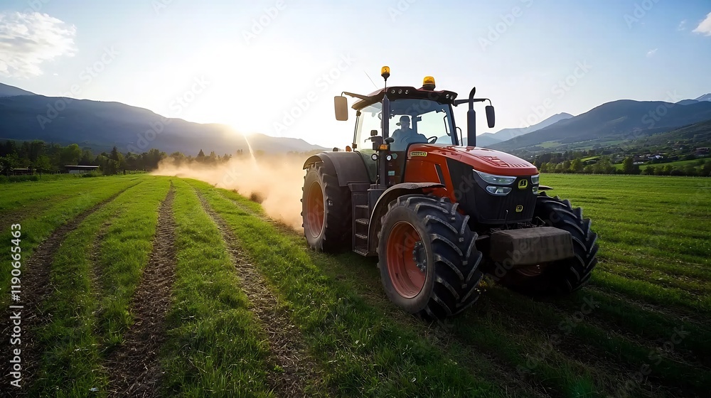 Obraz premium Majestic Sunset Tractor Ride Across Lush Green Field