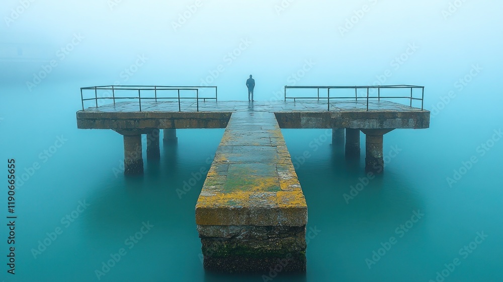 Obraz premium Solitary figure on foggy pier.