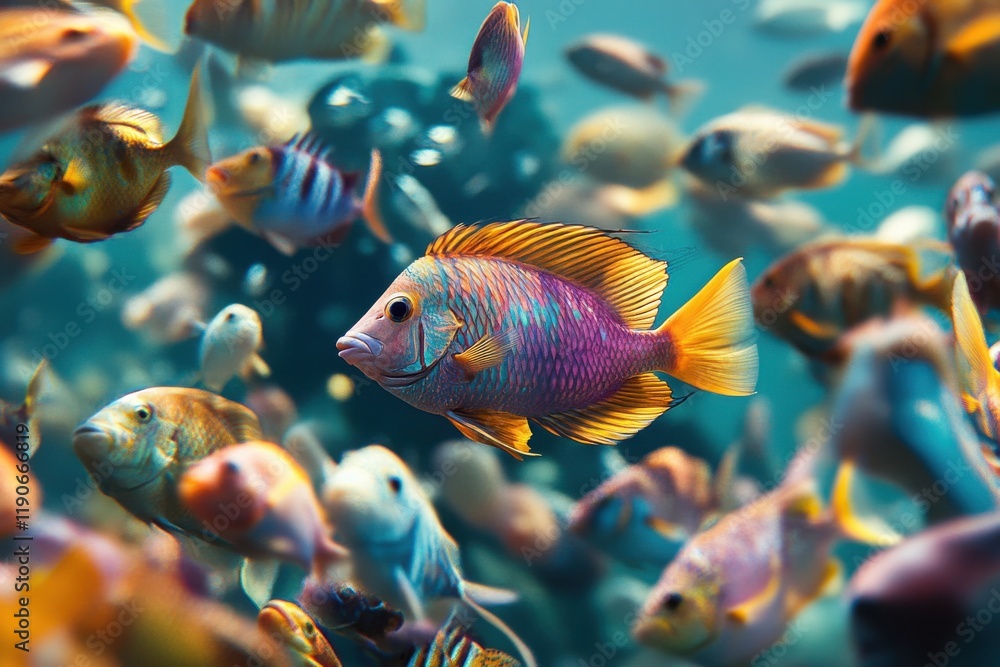 Fototapeta premium Underwater diver interacts playfully with colorful tropical reef fish