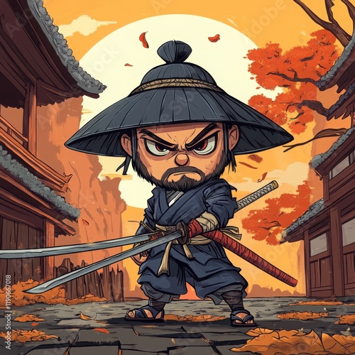 Powerful Chibi Samurai Warrior with Two Swords in Autumnal Japanese Street Scene