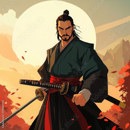 Powerful Samurai Warrior with Katana Autumn Landscape Background Japanese Culture Illustration