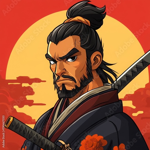 Powerful Cartoon Samurai Warrior with Katana Sunset Background