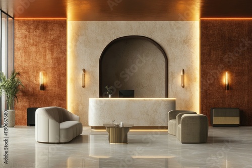 Luxurious reception area with warm lighting, textured walls, and modern furniture in a sophisticated setting photo