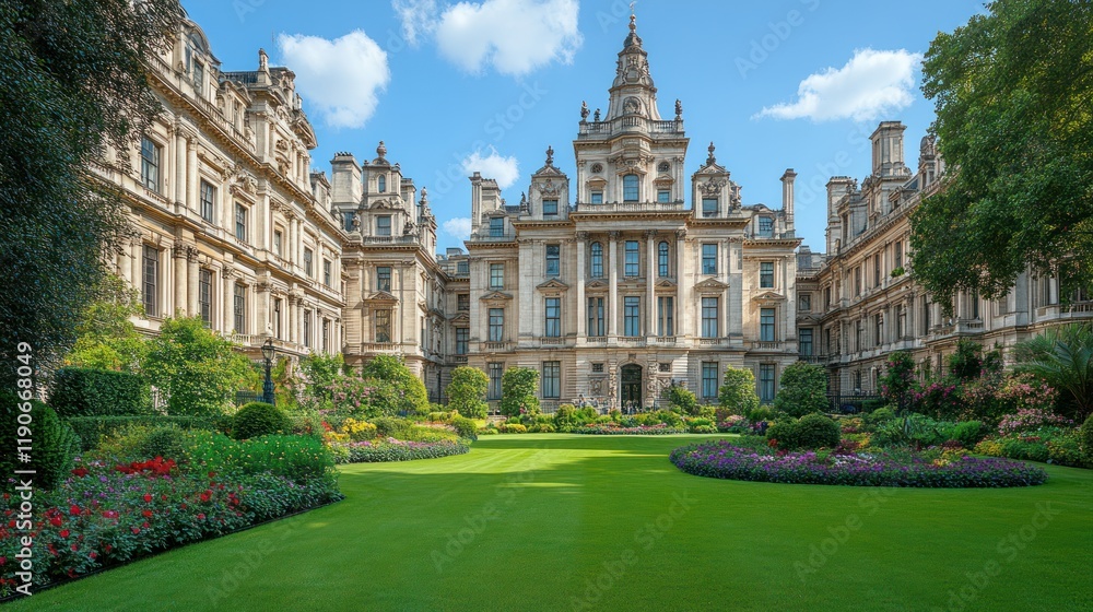 Fototapeta premium Historic University Courtyard with Manicured Gardens on a Sunny Day