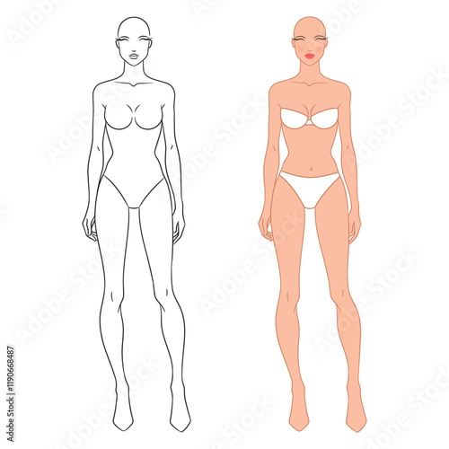 Eight-head fashion figure template. The female fashion croquis. Vector illustration of a young woman wearing lingerie, isolated on a white background.