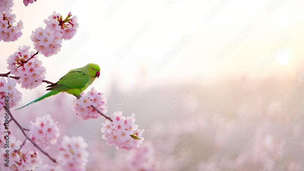 Green Parrot Among Cherry Blossoms at Sunrise Green Parrot Among Cherry Blossoms at Sunrise