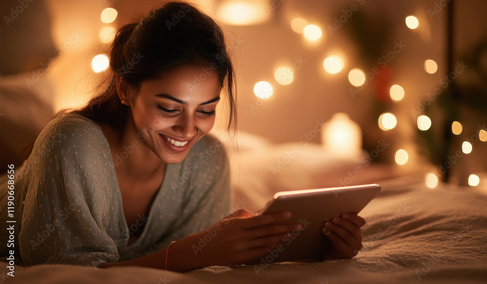 A Indian woman holding an tablet and smiling at it while she reads news from social media or looks for movies to watch online. A Indian woman holding an tablet and smiling at it while she reads news from social media or looks for movies to watch online.