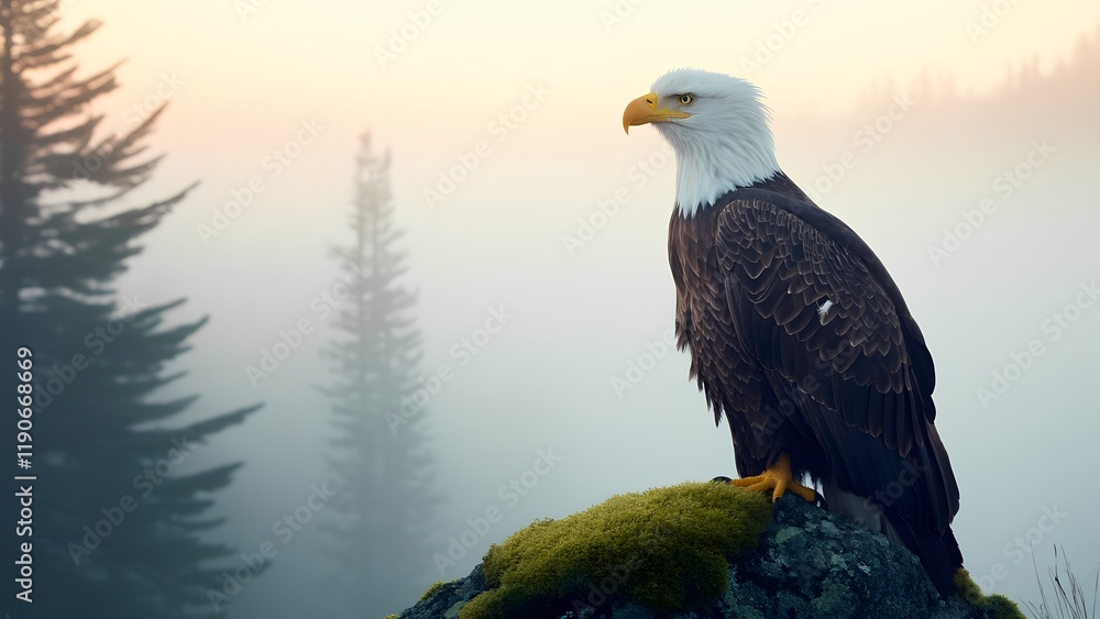 Fototapeta premium Bald Eagle in Misty Forest at Sunrise