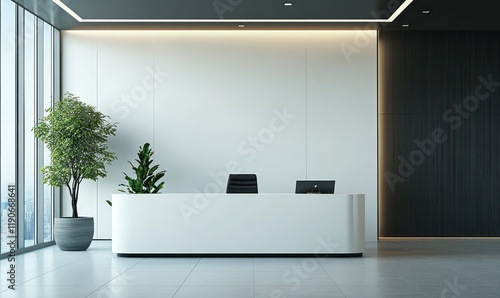Modern minimalist reception desk with accent lighting and greenery in a clean and professional office environment