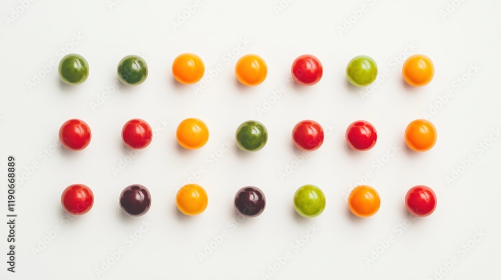 Colorful arrangement of round candies in vibrant hues on a white surface showcasing an assortment of flavors Colorful arrangement of round candies in vibrant hues on a white surface showcasing an assortment of flavors
