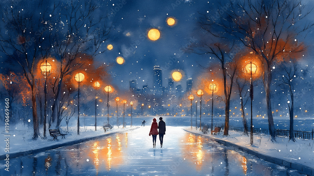 Obraz premium Couple Glides Across Ice Under Glowing Streetlamps in a Romantic Winter Wonderland on Valentine's Day