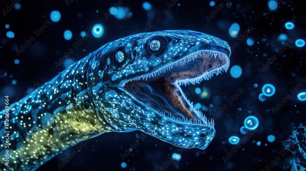 A dramatic underwater scene showcasing a predatory gulper eel with its massive jaw open wide, surrounded by tiny glowing organisms that dot the dark abyss. A dramatic underwater scene showcasing a predatory gulper eel with its massive jaw open wide, surrounded by tiny glowing organisms that dot the dark abyss.