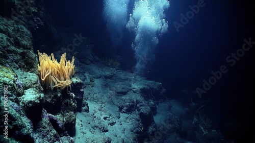 A hauntingly beautiful scene of a deep-sea floor, with craggy rocks,hydrothermal vents releasing clouds of steam,and strange creatures like tube worms and sea spiders thriving in the harsh environment