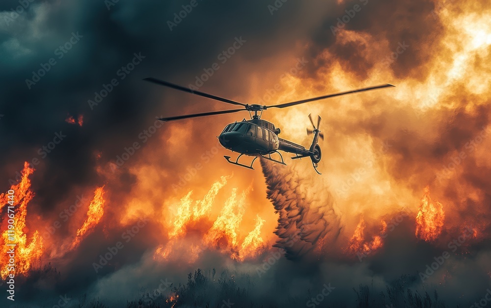A dramatic scene of a helicopter battling a wildfire, with flames below and a water drop creating a misty cloud A dramatic scene of a helicopter battling a wildfire, with flames below and a water drop creating a misty cloud